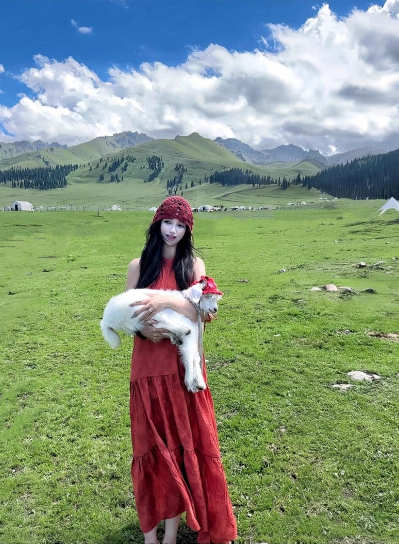 general Desert Tourism Skirt - New Chinese-style Red Neckline Dress for Women, Summer Vacation Style, Loose Long Skirt - Image 2