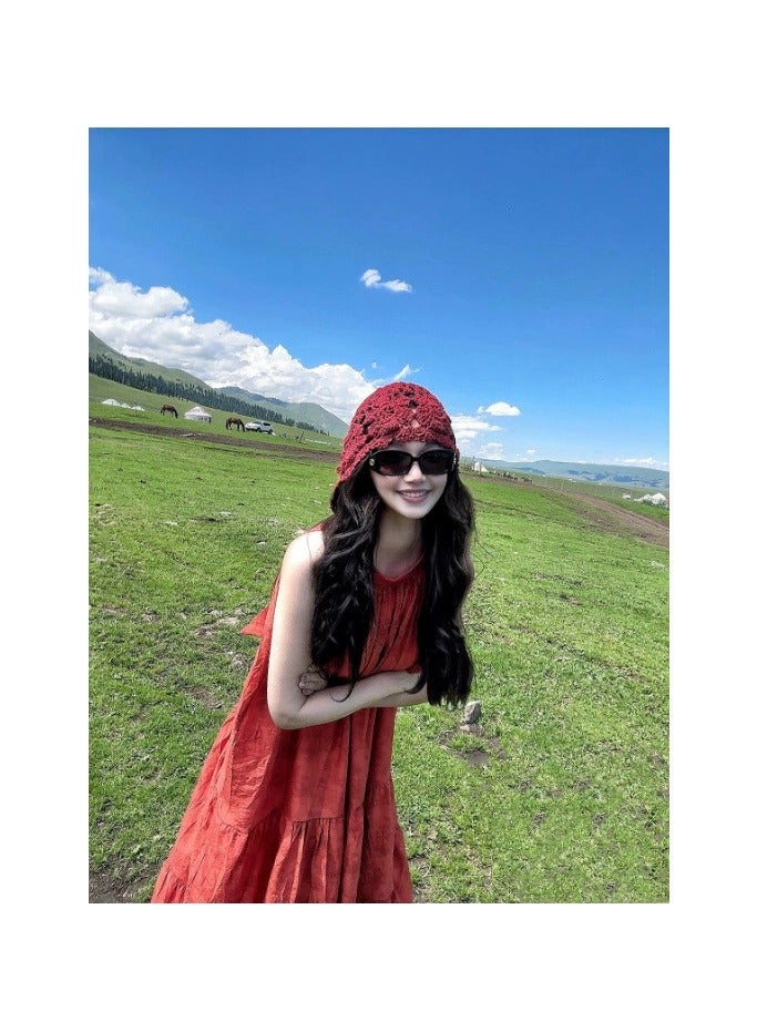 general Desert Tourism Skirt - New Chinese-style Red Neckline Dress for Women, Summer Vacation Style, Loose Long Skirt - Image 3