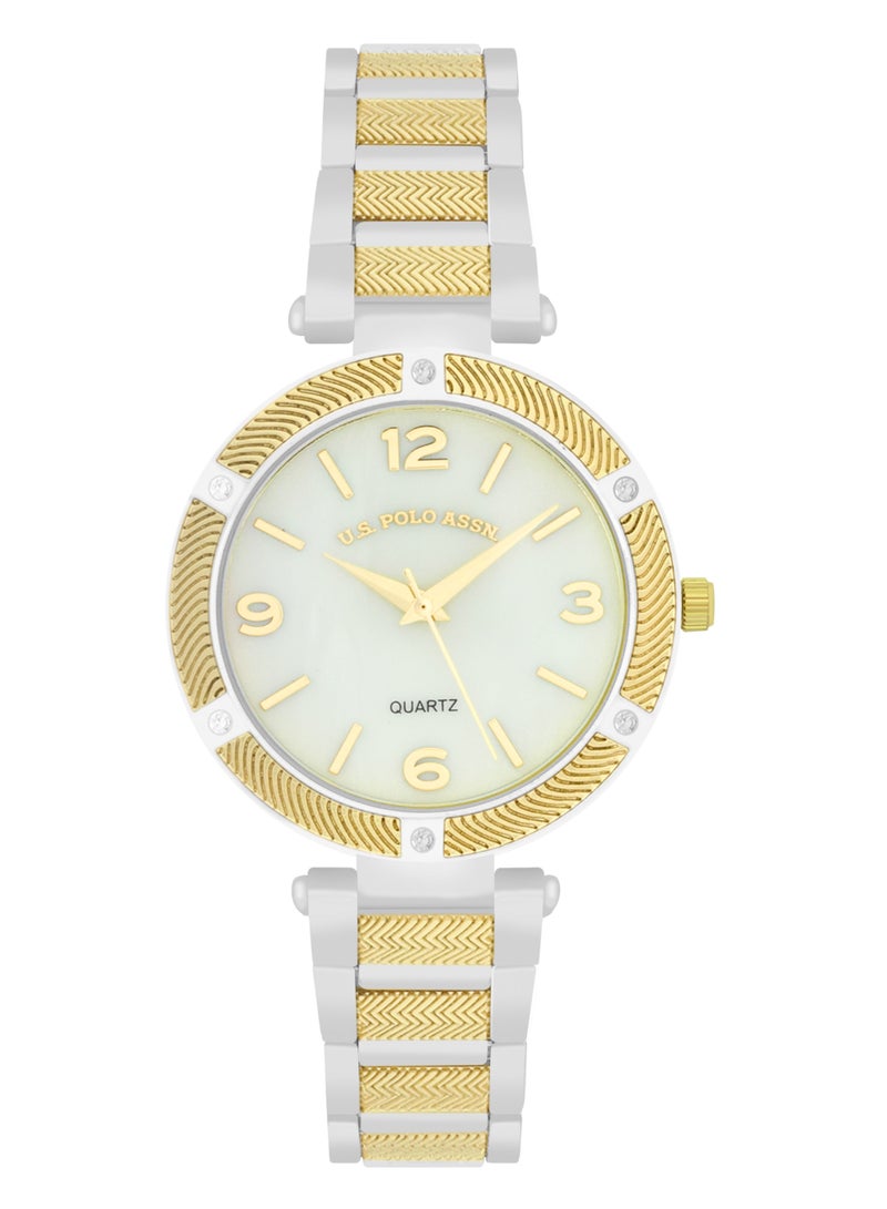 يو اس بولو اسن طقم ساعة وسوار مطلي ثنائي اللون للنساء من الكوارتز التناظرية - Image 3