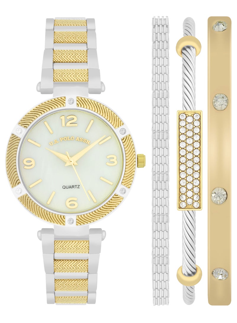 يو اس بولو اسن طقم ساعة وسوار مطلي ثنائي اللون للنساء من الكوارتز التناظرية - Image 1
