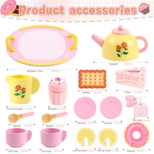 Ranqibo Wooden Tea Sets for Toddlers 35 Tea Party Set for Little Girls 46 Toddler Tea Set with Teacups Dessert Food Items and Tray Birthday Gift for Kids Aged 36 - Image 5