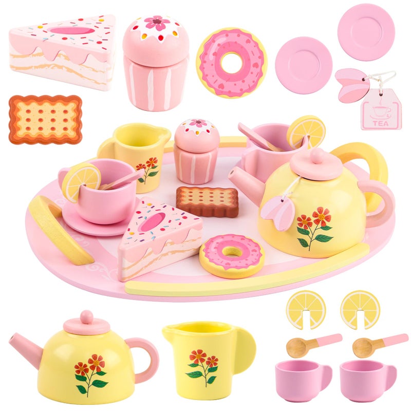 Ranqibo Wooden Tea Sets for Toddlers 35 Tea Party Set for Little Girls 46 Toddler Tea Set with Teacups Dessert Food Items and Tray Birthday Gift for Kids Aged 36 - Image 3