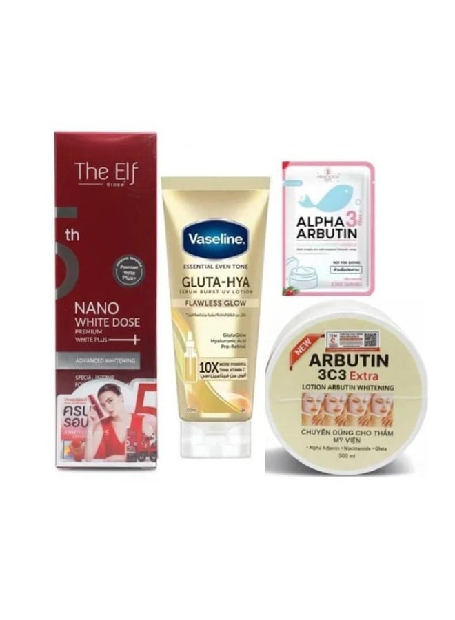 The Elf Whitening Set Nano White Dose Serum ,GLUTA-HYA Flawless Glow & Alpha Arbutin Capsules and Arbutin 3c3 Extra Lotion Arbutin Whitening 300ml