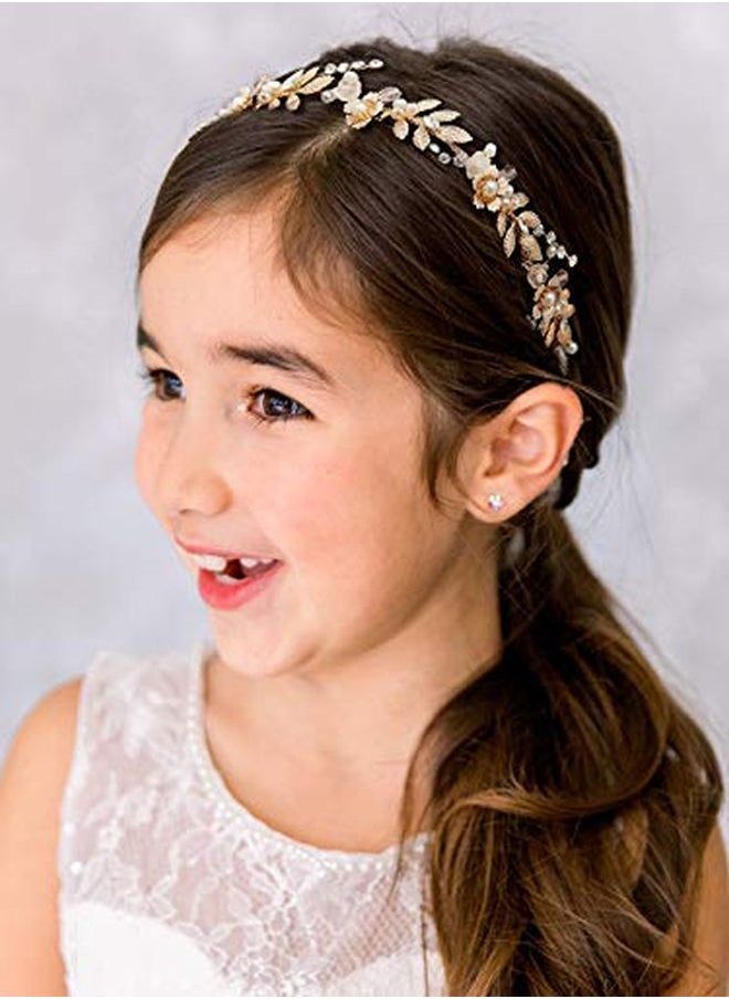 SWEETV - Flower Girl Hair Accessories For Wedding Headpieces Flower-Leaf Girls Headband Princess Crystal Pearl Hair Pieces For Birthday Party, First Communion - Image 1