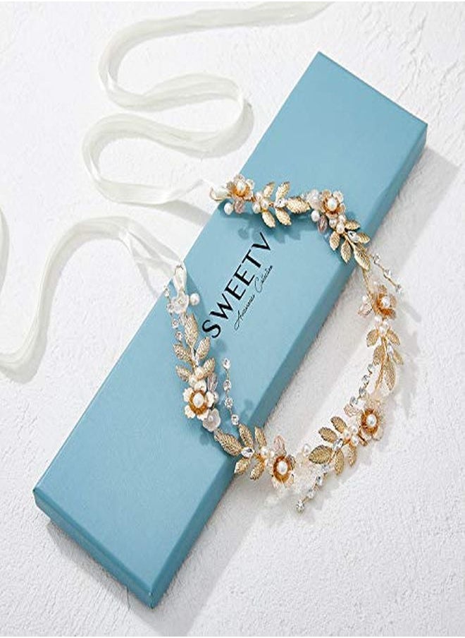 SWEETV - Flower Girl Hair Accessories For Wedding Headpieces Flower-Leaf Girls Headband Princess Crystal Pearl Hair Pieces For Birthday Party, First Communion - Image 1