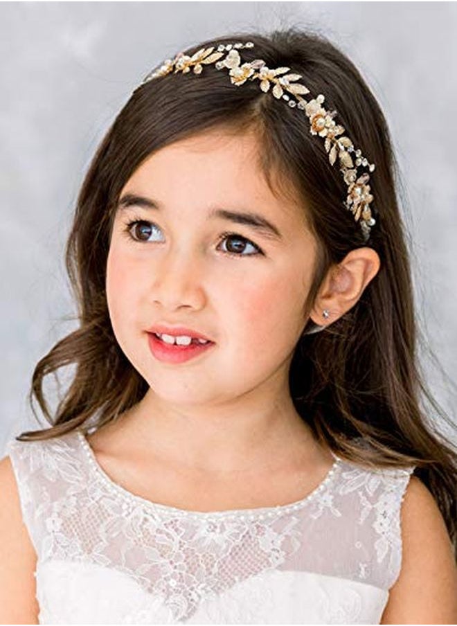 SWEETV - Flower Girl Hair Accessories For Wedding Headpieces Flower-Leaf Girls Headband Princess Crystal Pearl Hair Pieces For Birthday Party, First Communion - Image 1