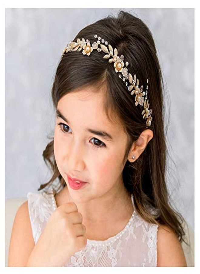 SWEETV - Flower Girl Hair Accessories For Wedding Headpieces Flower-Leaf Girls Headband Princess Crystal Pearl Hair Pieces For Birthday Party, First Communion - Image 1