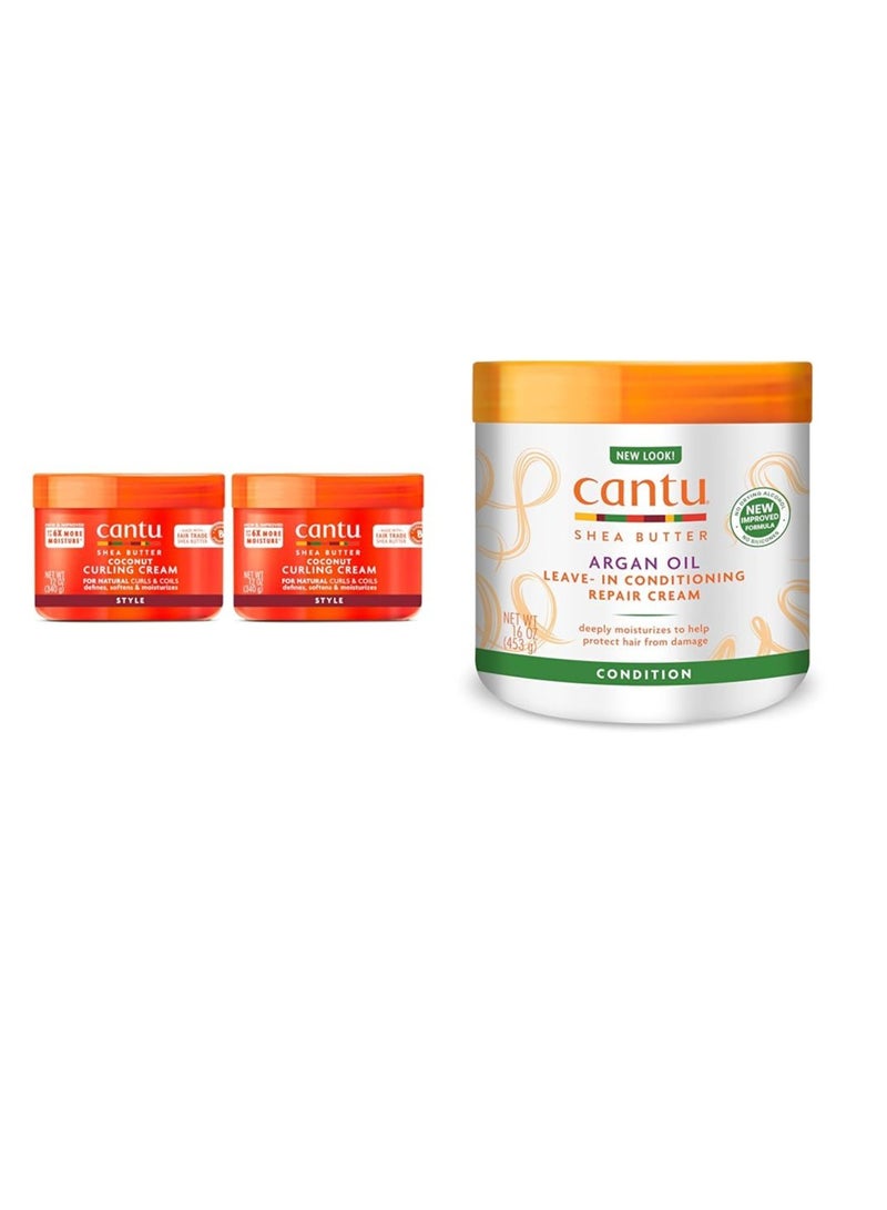 Cantu Coconut Curling Cream for Natural Hair 12 oz (Pack of 2) & Leave-In Conditioning Repair Cream with Argan Oil 16 oz Bundle - Image 1
