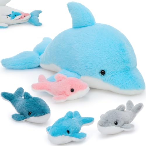 Tezituor Dolphin Stuffed Animal with 4 Babies 205 Large Dolphin Plush Toy Realistic Ocean Stuffed Animals Soft Plushies Home Decor Christmas Birthday Gifts for Boys Girls Kids - Image 1