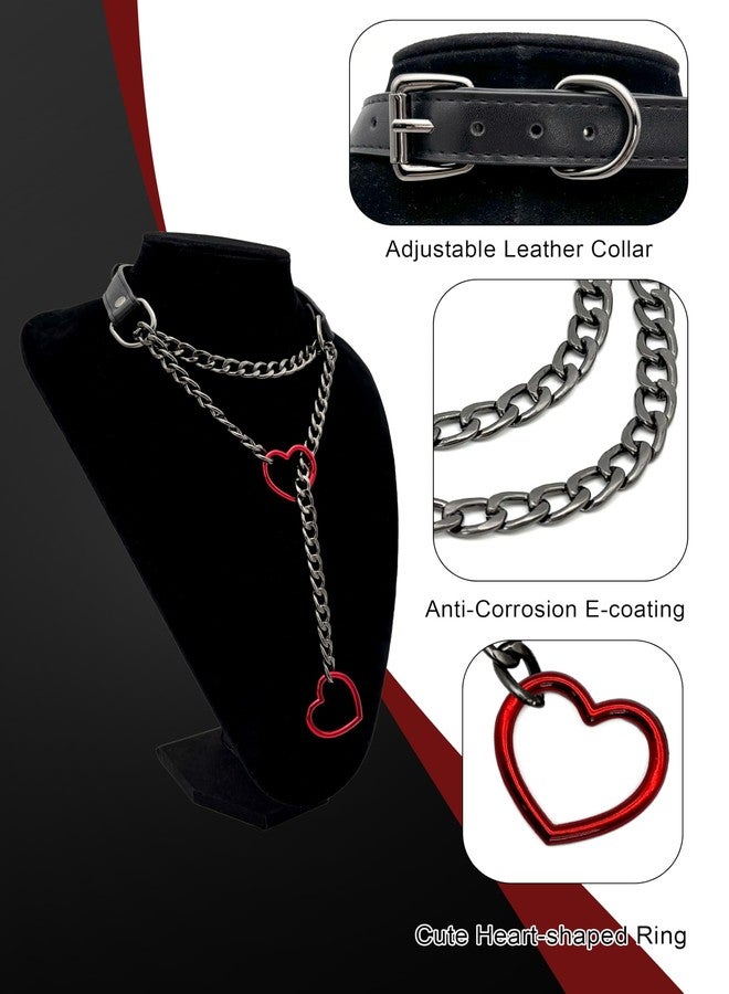 EverGlimp Black Leather Choker Collar For Women, Handmade Heart Slip Chain Choker Long Necklace with Adjustable Buckle - Image 4