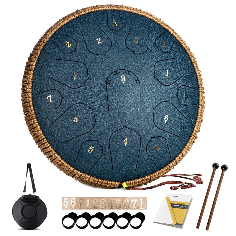 HOPWELL درام لسان ستيل هوبويل - 14 بوصة 15 نوتة - درام بان يدوي مع كتاب موسيقي، مطارق درام بان وحقيبة حمل، دو ماجور (أزرق داكن) - Image 1
