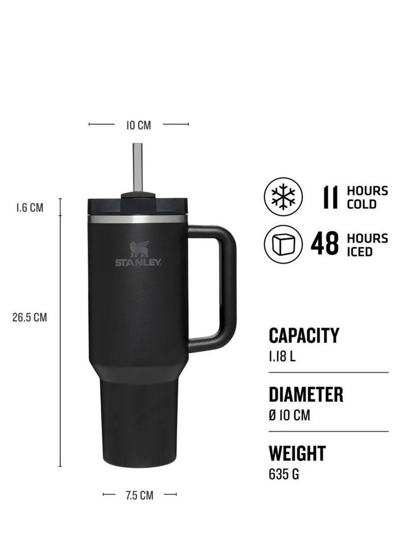 Quencher H2.0 FlowState 40oz Black Stainless Steel Vacuum Insulated Travel Mug with Lid & Straw, Double-Walled Leakproof Design, Keeps Drinks Hot for 7 Hours & Cold for 24 Hours, Durable & Portable – Ideal for Coffee, Water, Smoothies, Iced Tea & On-the-Go Hydration