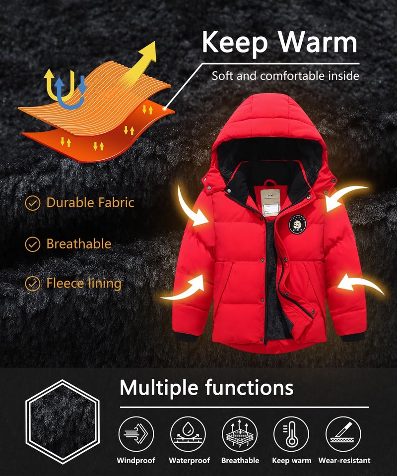 BYLESIN Kids Boy's Winter Waterproof Puffy Cotton Jacket Fleece Lined Lightweight Down Coat Thick Hooded Outdoor Coat - Image 5