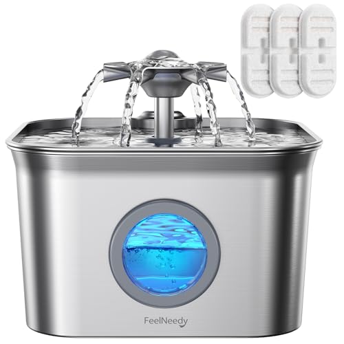 FEELNEEDY Stainless Steel Cat Water Fountain 28L with 20dB UltraQuiet Pump Ideal for Timid Pets LED Water Level Window Dishwasher Safe 247 Circulation Includes 3 Replacement Filters - Image 1