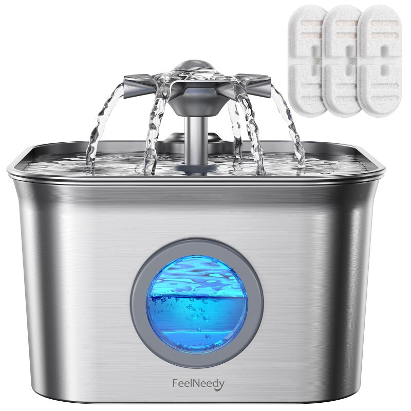 FEELNEEDY Stainless Steel Cat Water Fountain 28L with 20dB UltraQuiet Pump Ideal for Timid Pets LED Water Level Window Dishwasher Safe 247 Circulation Includes 3 Replacement Filters - Image 2