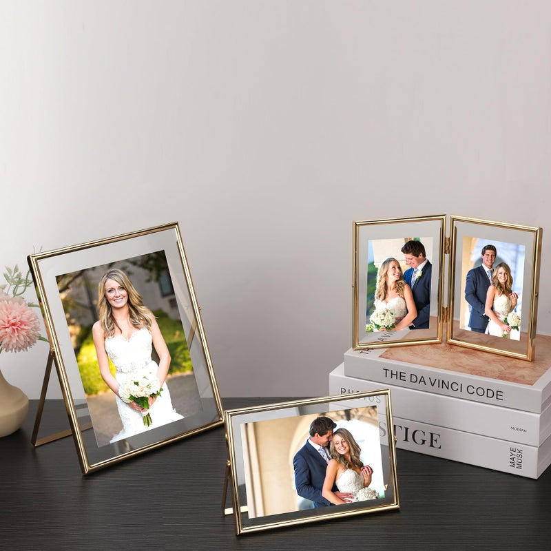 GorYeeFine Gold 5x7" Double Floating Frame for picture 3.5x5'', 4x6'',Metal rounded Edge Frames Adjustable Tabletop/Shelf Photo Frame 4x6'', Classy Gift Choice for Wedding, Thanksgiving, Christmas,Birthady, Home or Office Decor. - Image 3