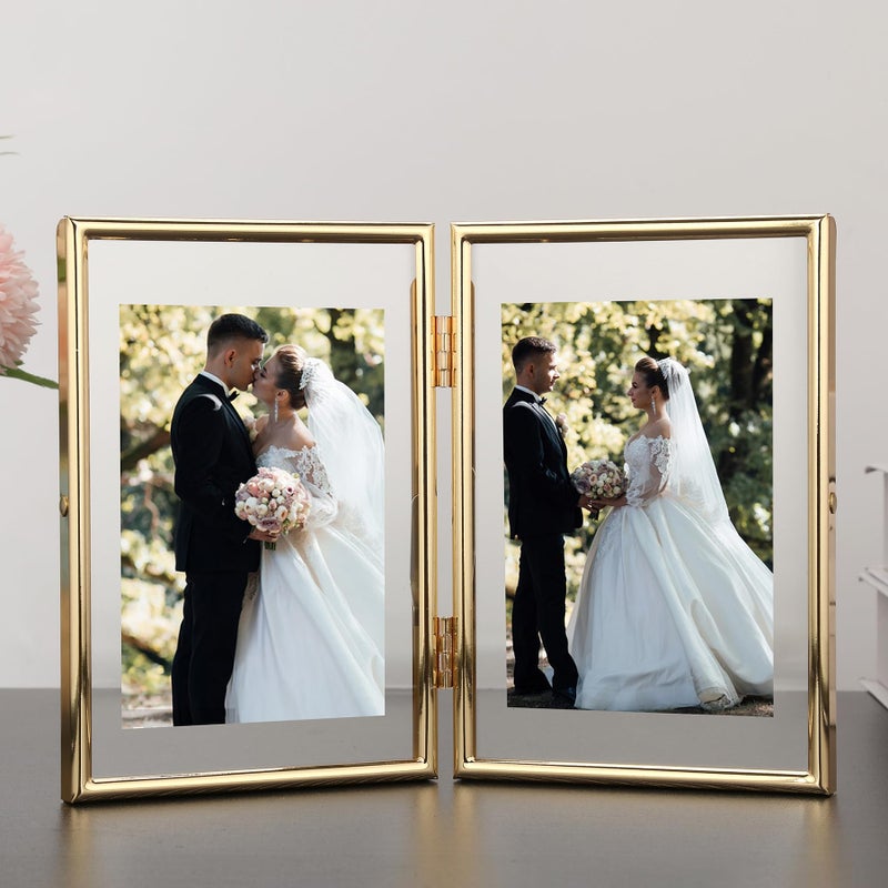 GorYeeFine Gold 5x7" Double Floating Frame for picture 3.5x5'', 4x6'',Metal rounded Edge Frames Adjustable Tabletop/Shelf Photo Frame 4x6'', Classy Gift Choice for Wedding, Thanksgiving, Christmas,Birthady, Home or Office Decor. - Image 2
