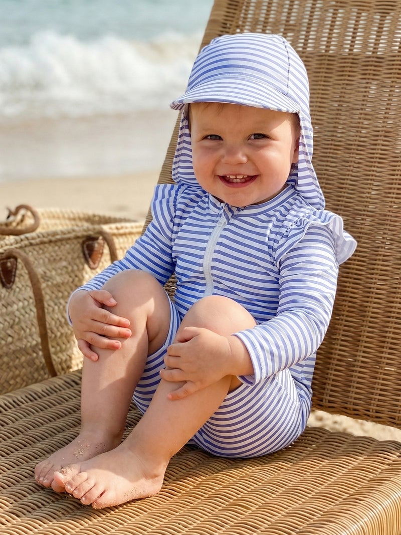 Toddler Girls Rash Guard Swimsuit Playsuits Long Sleeve Crew Neck Stripe Kids Bathing Suit with Swim Cap - Image 5