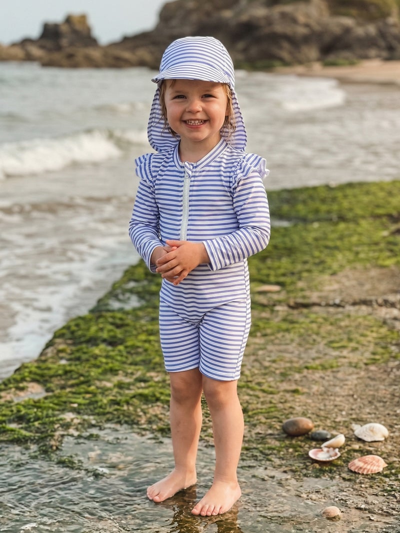 Toddler Girls Rash Guard Swimsuit Playsuits Long Sleeve Crew Neck Stripe Kids Bathing Suit with Swim Cap - Image 4