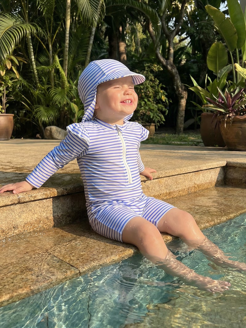 Toddler Girls Rash Guard Swimsuit Playsuits Long Sleeve Crew Neck Stripe Kids Bathing Suit with Swim Cap - Image 3