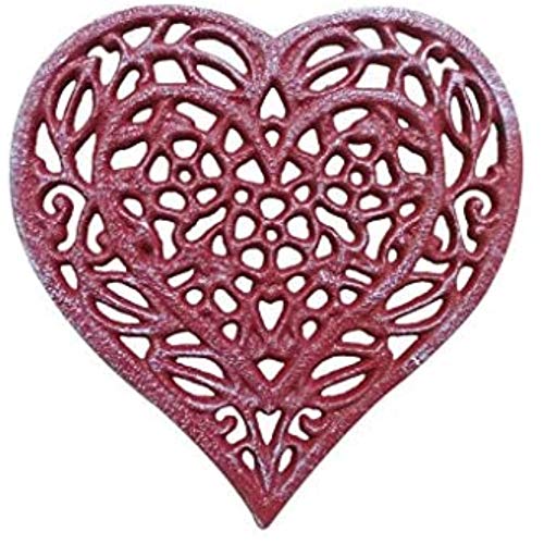 Handcrafted Nautical Decor Rustic Red Whitewashed Cast Iron Heart Shaped Trivet 7" - Decorative Trivet - - Image 1