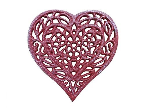 Handcrafted Nautical Decor Rustic Red Whitewashed Cast Iron Heart Shaped Trivet 7" - Decorative Trivet - - Image 4