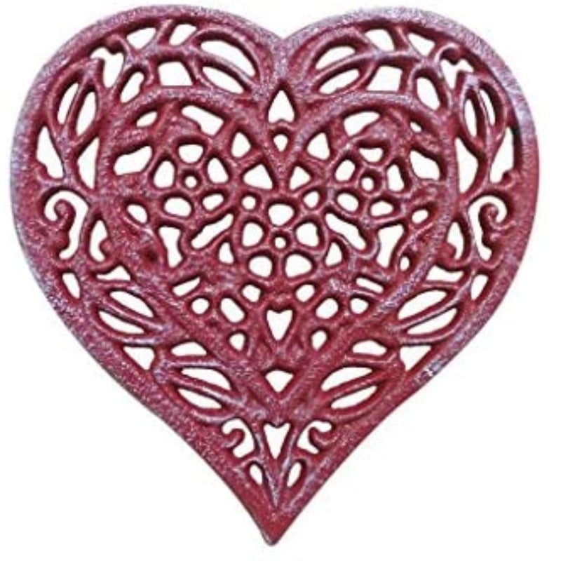 Handcrafted Nautical Decor Rustic Red Whitewashed Cast Iron Heart Shaped Trivet 7" - Decorative Trivet - - Image 5