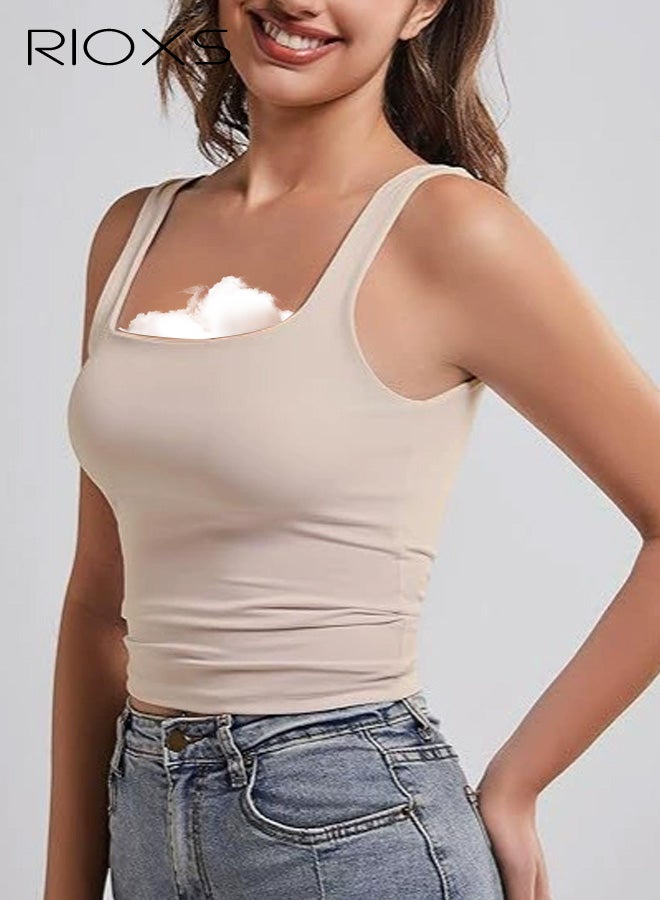 RIOXS Women's Square Neck Strappy Tank Top, Basic Summer Slim Fitted Sleeveless Camisole, Solid Workout Fitness Casual Crop Tops for Vacation Yoga Workout, Apricot - Image 2