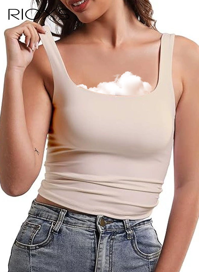 RIOXS Women's Square Neck Strappy Tank Top, Basic Summer Slim Fitted Sleeveless Camisole, Solid Workout Fitness Casual Crop Tops for Vacation Yoga Workout, Apricot - Image 1