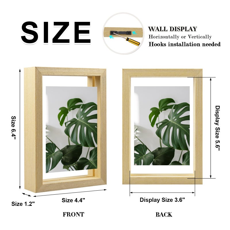 Egofine Egofine 4x6 Floating Frames Set of 2  Double Glass Picture Frame  Made of Solid Wood Display Any Size Photo up to 4x6  Wall Mount or Tabletop Standing  Natural Wood  - Image 2
