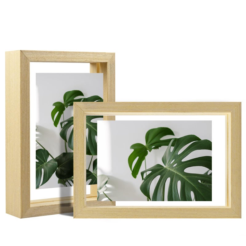 Egofine Egofine 4x6 Floating Frames Set of 2  Double Glass Picture Frame  Made of Solid Wood Display Any Size Photo up to 4x6  Wall Mount or Tabletop Standing  Natural Wood  - Image 1