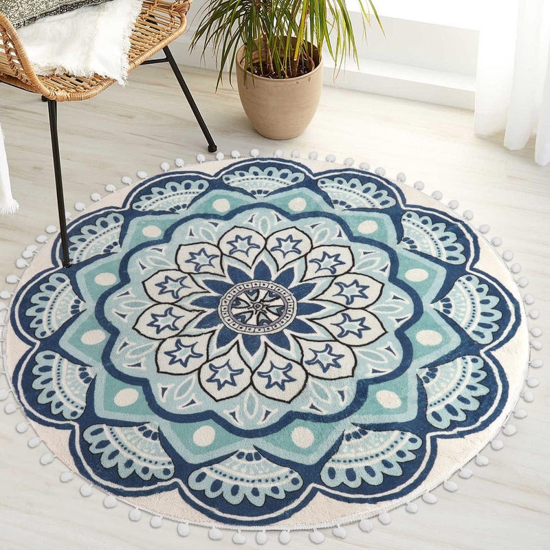 Uphome Round Rug 3ft Blue Mandala Boho Rug with Pom Pom Fringe NonSlip Washable Circle Bath Mat Soft Cute Blooming Medallion Throw Rug for Entryway Bedroom Powder Living Room Nursery