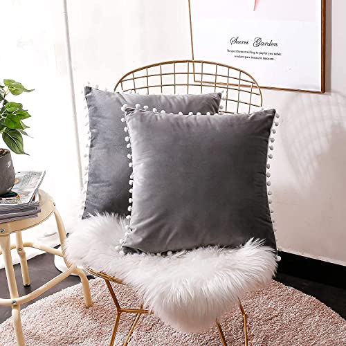 CottonFry Set of 2 Cushion Covers/Throw Pillow Covers Size 24"X24" Inches with Pom Poms, Soft Square Velvet Pillowcases Home Decor (Grey, Pack of 2) - Image 1
