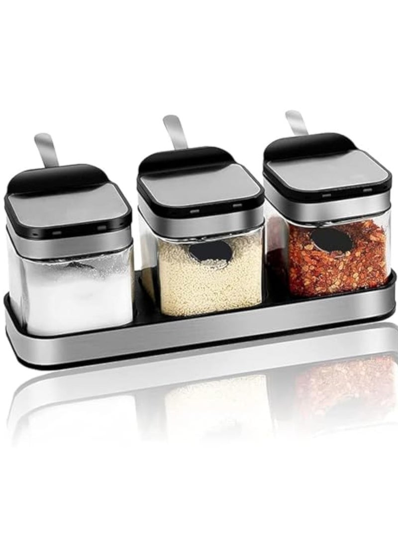 YelaJoy Seasoning Box with 304 Stainless Steel Lids & Spoons, Clear Glass Condiment Canisters Pots, 10 oz Condiment Jar Spice Container Set of 3 for Kitchen, Counter, Food Storage - Image 1