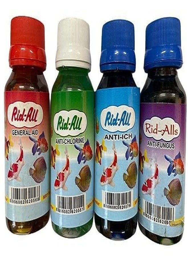 ALLY AQUA Rid-All Aquarium Water Medicine, Fish Medicines Cleaner, 100 ml Each, Pack of 4 (Anti-ich, Anti-Fungus, Anti-Chlorine, General Aid) - Image 1