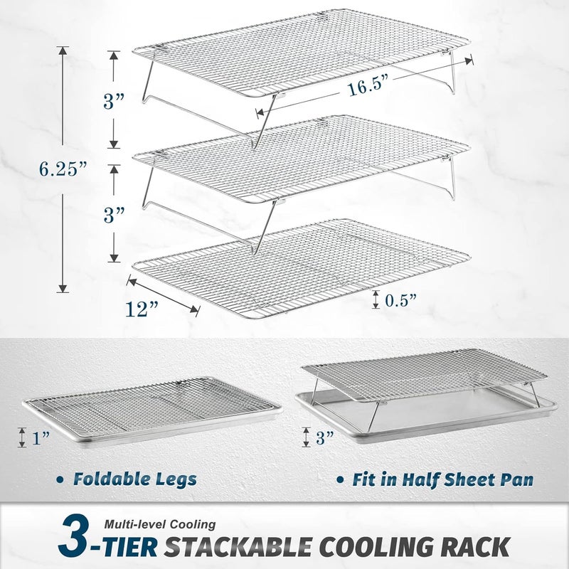 Hiware Stainless Steel Stackable Cooling Rack for Baking, 3 Tier 12”x 16.5”,Oven & Dishwasher Salf and Fit Half Sheet,Wire Cooling Racks for Cookie, Pizza, Cake - Image 2