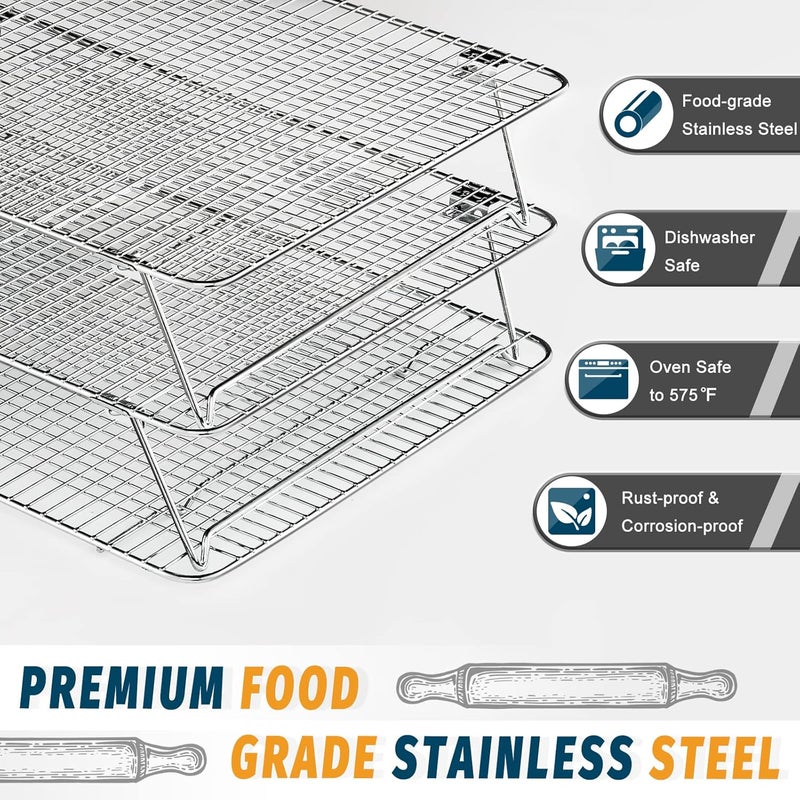 Hiware Stainless Steel Stackable Cooling Rack for Baking, 3 Tier 12”x 16.5”,Oven & Dishwasher Salf and Fit Half Sheet,Wire Cooling Racks for Cookie, Pizza, Cake - Image 3