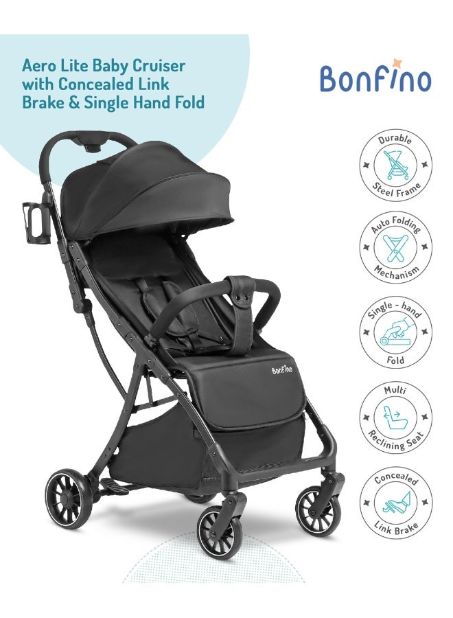 Bonfino عربة أطفال بونفينو أيرو لايت، حزام أمان 5 نقاط، طي بيد واحدة، عجلات دوارة، من 0 إلى 4 سنوات، 100 × 41 × 70 سم - أسود - Image 2