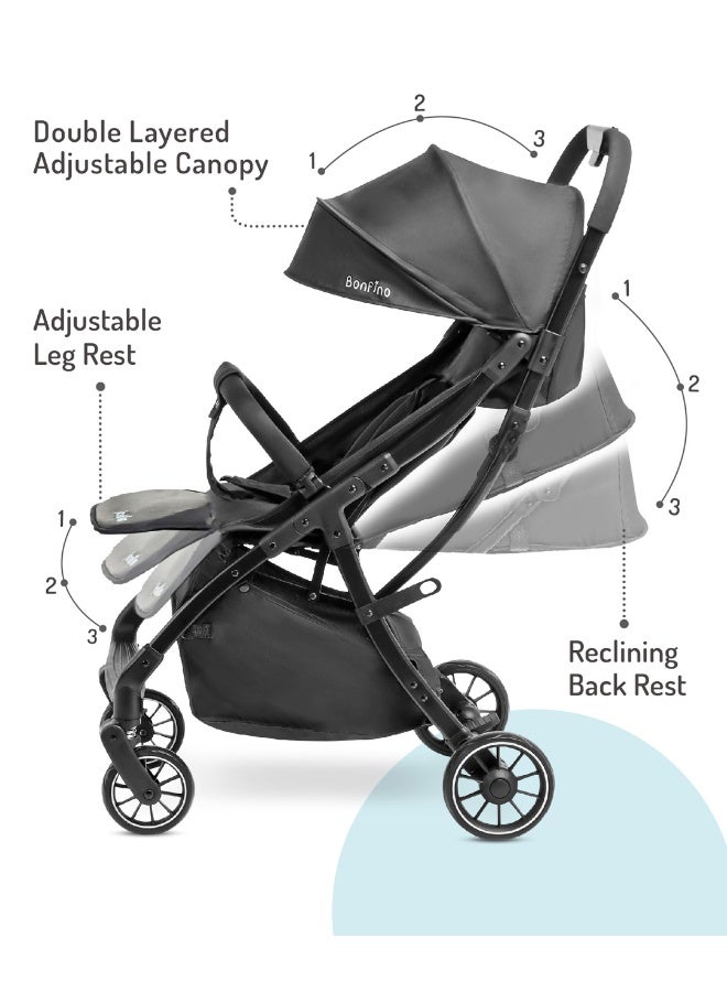 Bonfino عربة أطفال بونفينو أيرو لايت، حزام أمان 5 نقاط، طي بيد واحدة، عجلات دوارة، من 0 إلى 4 سنوات، 100 × 41 × 70 سم - أسود - Image 5