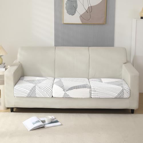 HOKIPO 'Elira Series' 140gsm Elastic Individual Seat Cushion Cover, 3-Piece Sofa Cushion Cover, Snow White Black Geometry (AR-5348-C9*3) - Image 1