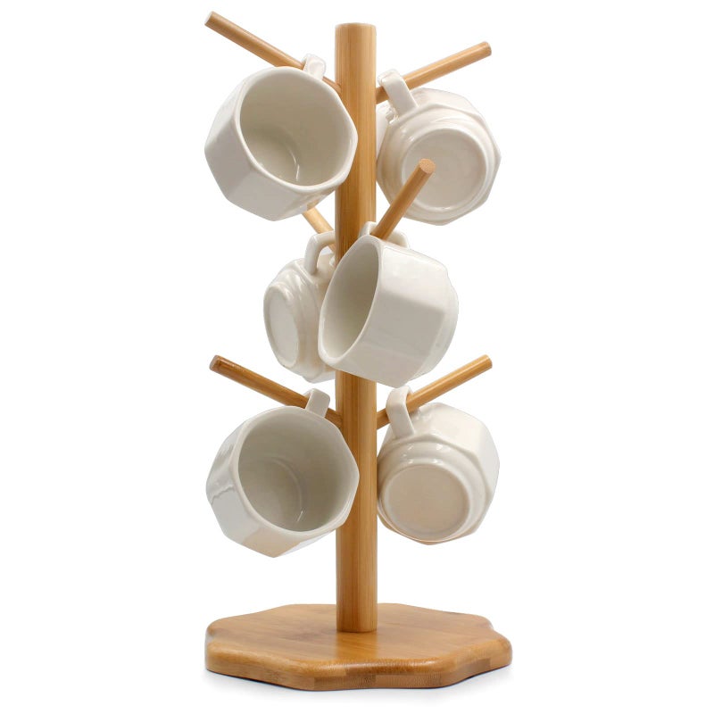 Gihunk Bamboo Countertop Mug Tree Stand with 6 Hooks Octagon Base Coffee Cup Tree