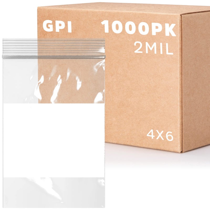 Clear Plastic Reclosable Zip Bags - GPI Case of 1000 4" x 6" 2 mil Thick Strong & Durable Poly Baggies With Resealable Zipper Top Lock & write-on white block, for storage, packaging & shipping