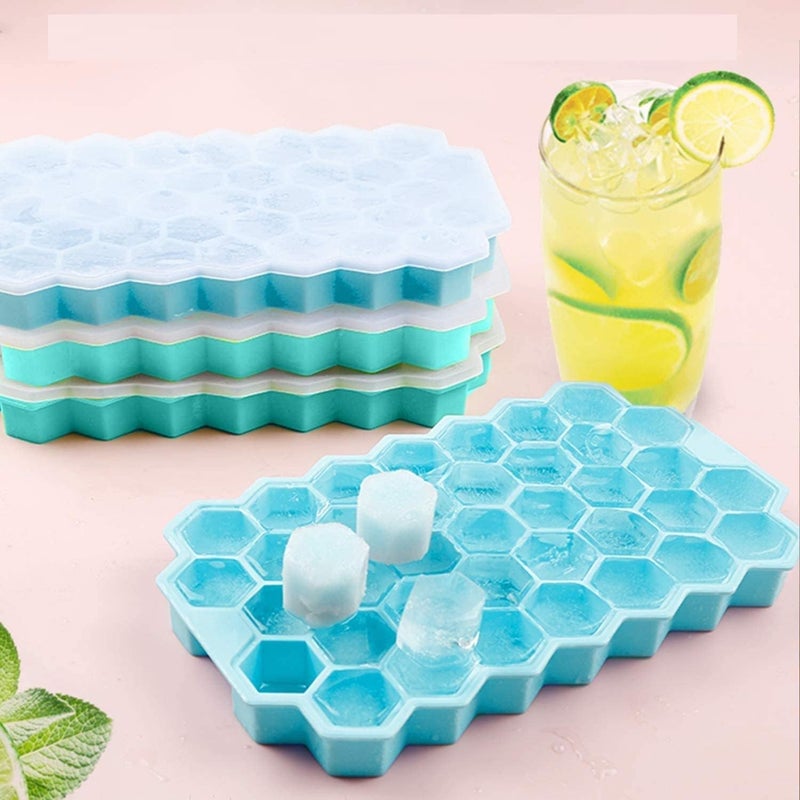 SUNBEET Ice Cube Tray with Silicon Ice Mold Trays Flexible Silicone Honeycomb Shape 37 Cavity Ice Cube Tray with Lid Mould Chocolate Cake Maker Ice Trays for Chilled Drinks Reusable Pack of 3 - Image 3