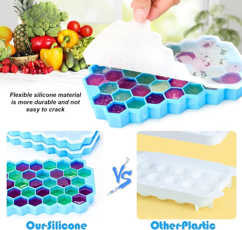 SUNBEET Ice Cube Tray with Silicon Ice Mold Trays Flexible Silicone Honeycomb Shape 37 Cavity Ice Cube Tray with Lid Mould Chocolate Cake Maker Ice Trays for Chilled Drinks Reusable Pack of 3 - Image 4