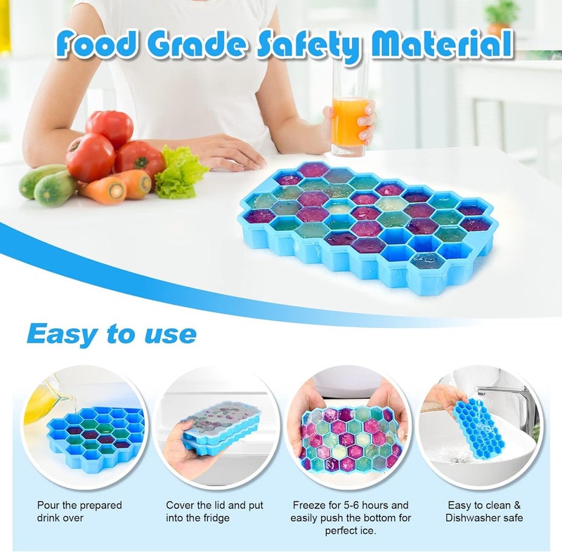 SUNBEET Ice Cube Tray with Silicon Ice Mold Trays Flexible Silicone Honeycomb Shape 37 Cavity Ice Cube Tray with Lid Mould Chocolate Cake Maker Ice Trays for Chilled Drinks Reusable Pack of 3 - Image 2