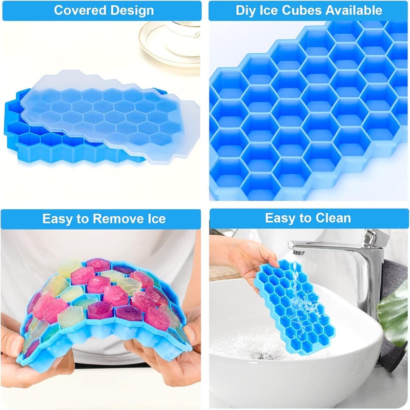 SUNBEET Ice Cube Tray with Silicon Ice Mold Trays Flexible Silicone Honeycomb Shape 37 Cavity Ice Cube Tray with Lid Mould Chocolate Cake Maker Ice Trays for Chilled Drinks Reusable Pack of 3 - Image 5