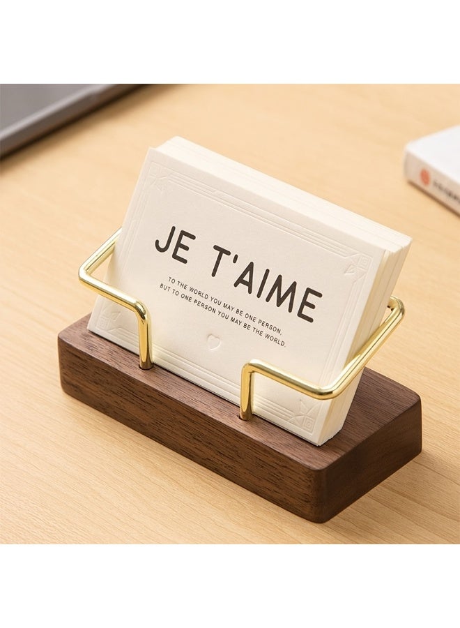 FUKE Wooden Business Card Holder with Metal Frame, 1 Pack Natural Walnut Desk Name Card Display Stand, Rustic Office Desktop Organizer for Name Cards, Photos, Notes - Image 1