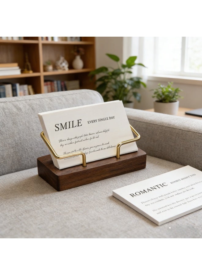 FUKE Wooden Business Card Holder with Metal Frame, 1 Pack Natural Walnut Desk Name Card Display Stand, Rustic Office Desktop Organizer for Name Cards, Photos, Notes - Image 3