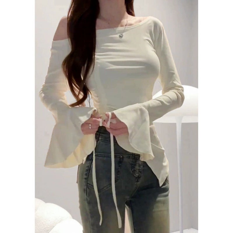 Early Spring New Style Trumpet Sleeve Off-Shoulder T-Shirt For Girls With Asymmetrical Design, Slimming Look Bottoming Drawstring Top - Image 3