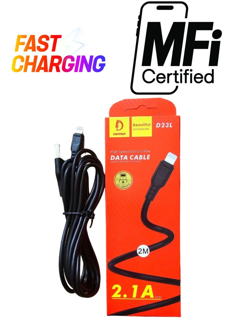 Denmen Fast charging data cable USB to lighting compatible with iPhone and iPad devices in Black colour 2 M - Image 1